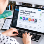 Blogger using writing tools and SEO tools on a laptop